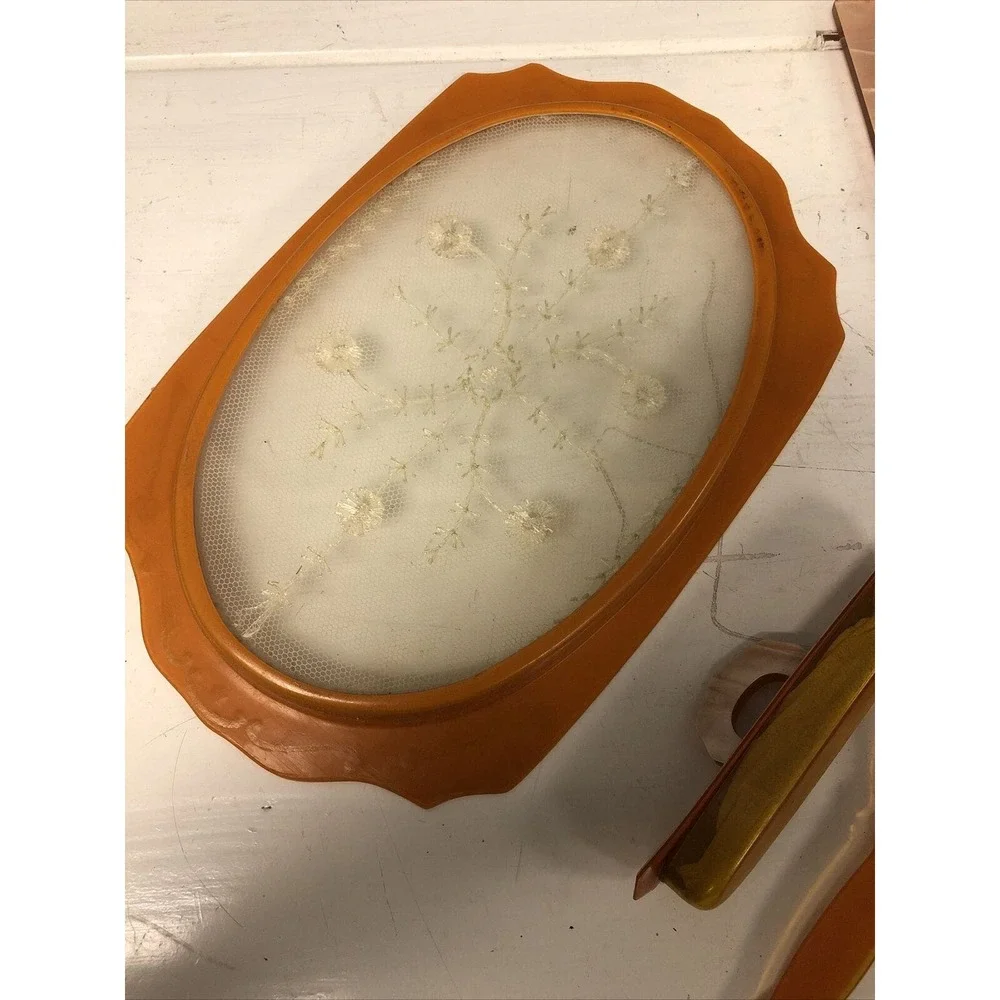 Vtg 4pc Vanity Set Beveled Pearlized Embossed Amber Dresser Tray Mirror Shoehorn